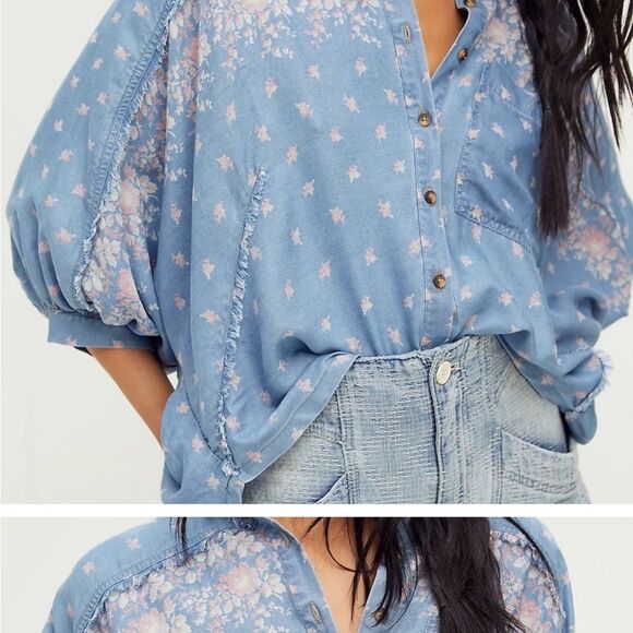 Free People Blue Cuffed Sleeve Button Down Shirt - Picture 2 of 5